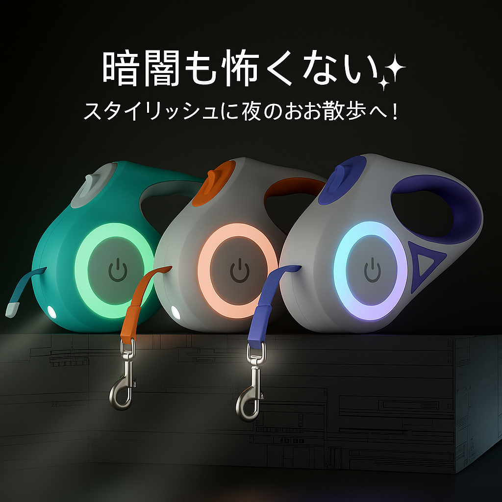 【夜の散歩も安心】LEDライト付き自動伸縮リード|3m・5m|小型・中型犬対応 🐾
